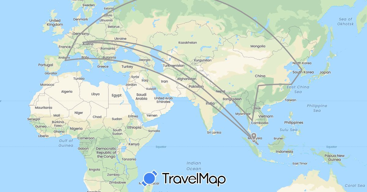 TravelMap itinerary: driving, plane in China, Germany, Spain, South Korea, Malaysia, Singapore, Thailand (Asia, Europe)